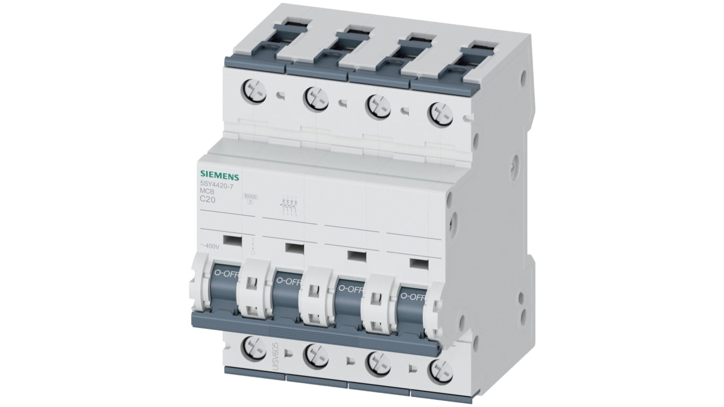 Interruttore magnetotermico Siemens 4P 20A 10 kA, Tipo C, Serie 5SY4 - Per protezione affidabile in ambito industriale. Montaggio su guida DIN.