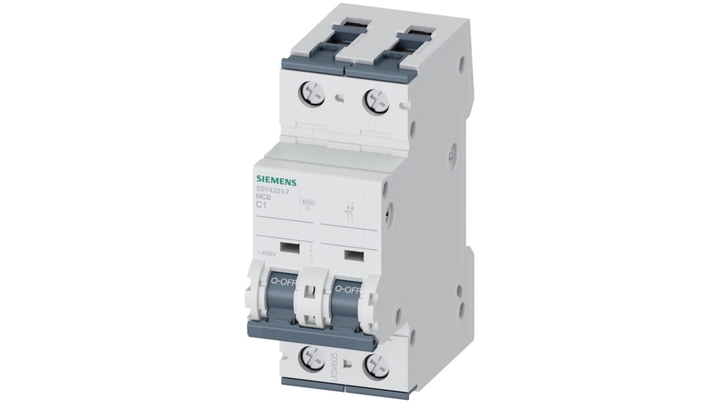 Interruttore magnetotermico Siemens 2P 1A 10 kA, Tipo C (5SY4201-7) per installazioni industriali. Progettato per montaggio su guida DIN, con curve B, C e D per protezione versatile.