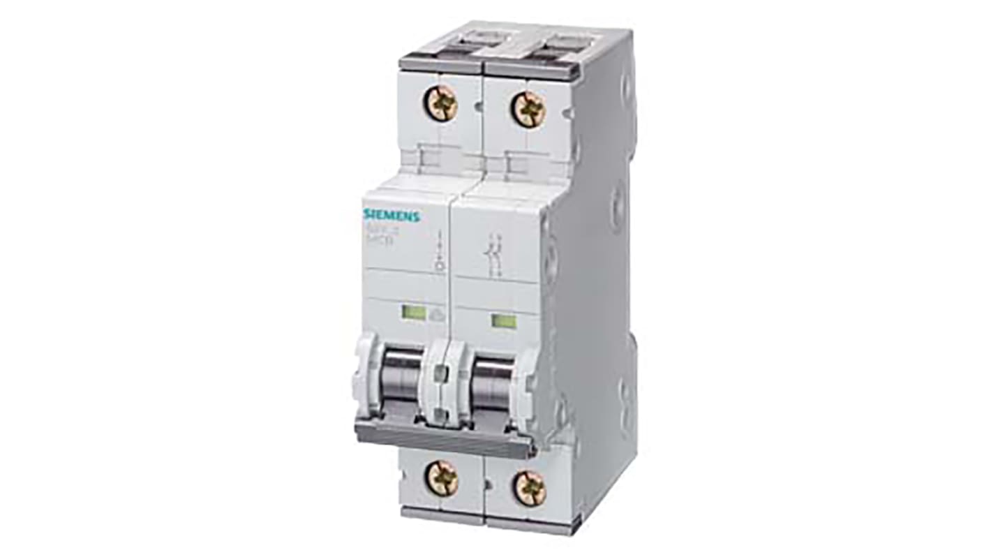 Interruttore magnetotermico Siemens 5SY4250-8, 2P 50A 10 kA, Tipo D per applicazioni industriali e residenziali. Foratura automatica, serie 5SY4, caratteristiche B, C e D.