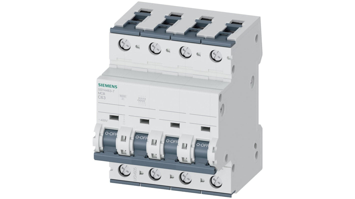 Interruttore magnetotermico Siemens 5SY4463-7, 4P 63A 10 kA, Tipo C. Serie 5SY4 per protezione affidabile. Compatibile con guida DIN, ideale per industria e residenza.