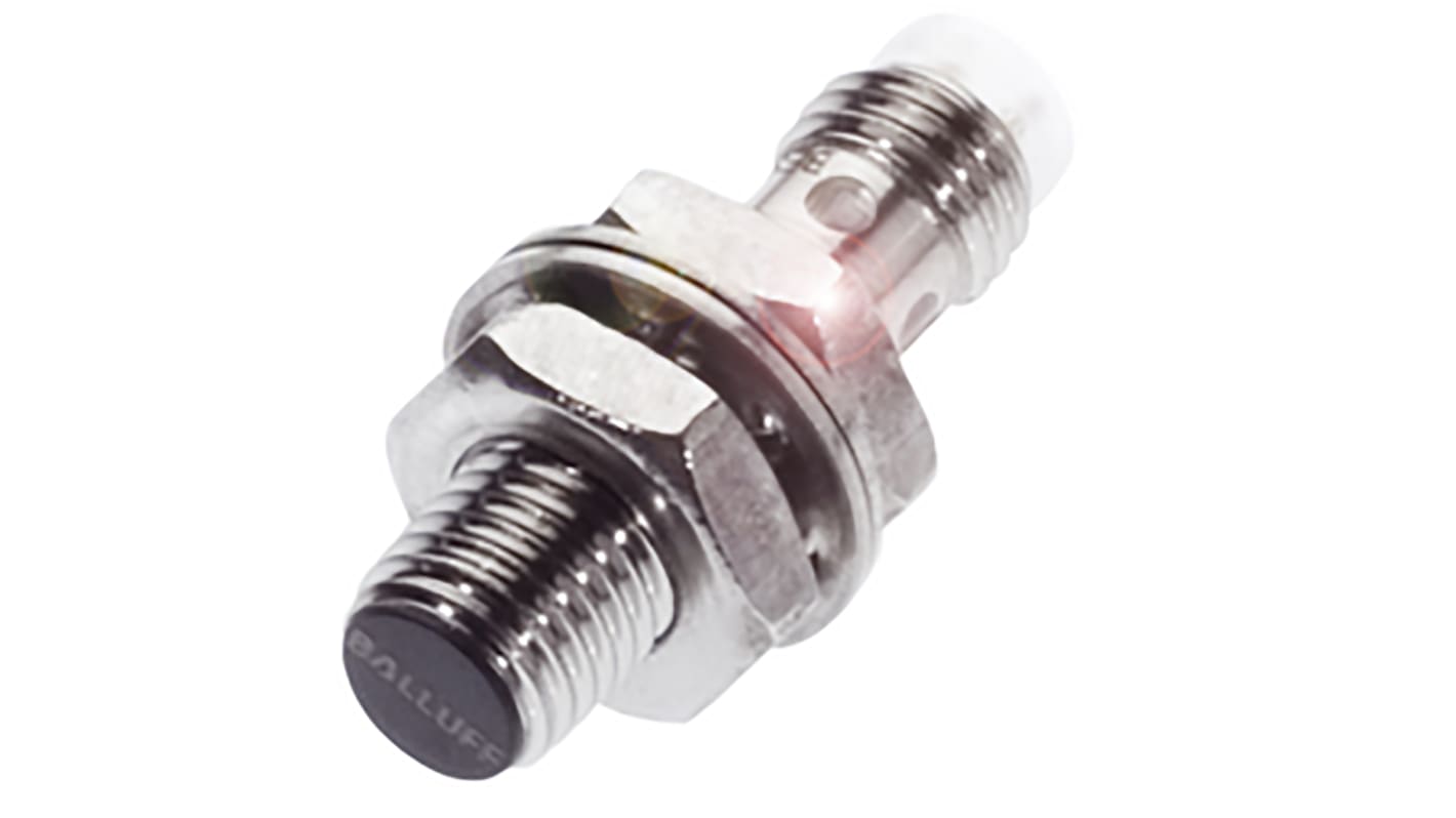 Sensore di prossimità cilindrico PNP BALLUFF BES M08EC-PSC20B-S49G, rilevamento a 2 mm, custodia in acciaio inox, montaggio a filo, IP68.