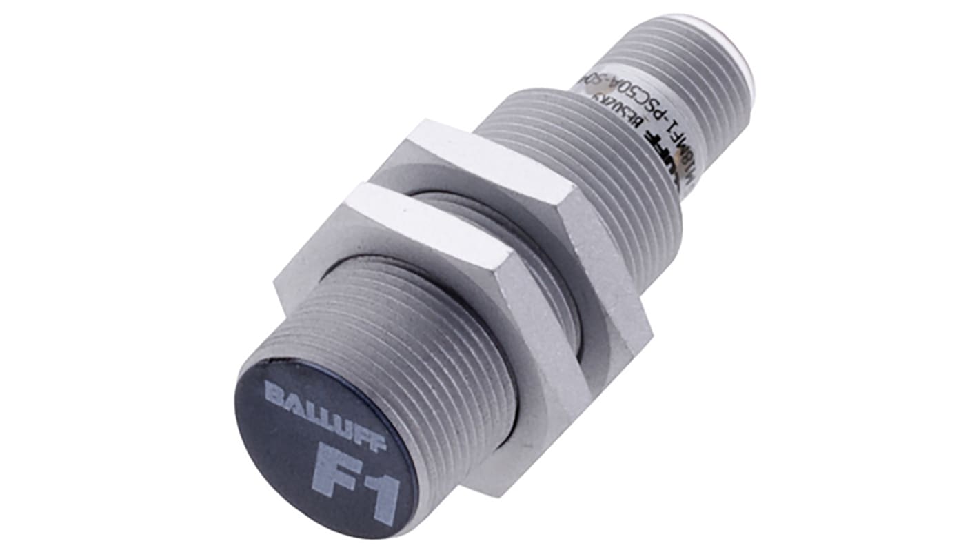 Sensore di prossimità cilindrico PNP BALLUFF BES M18MF1-PSC50A-S04G, rilevamento 5 mm, montaggio a filo, grado di protezione IP67.