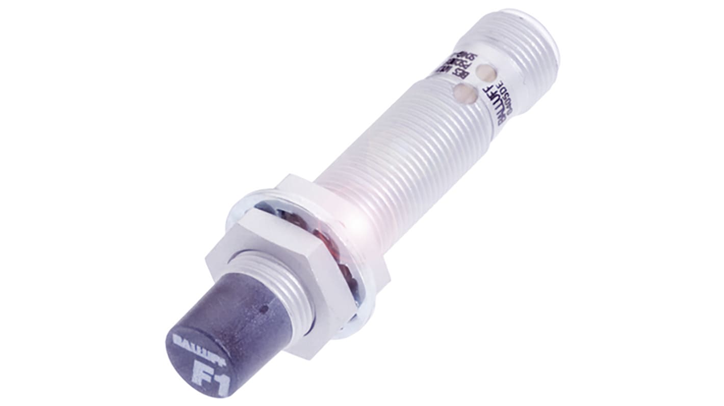 Sensore di prossimità cilindrico BALLUFF BES M12ML-PSC80E-S04G-W, tecnologia PNP, rilevamento 8 mm, grado di protezione IP67.