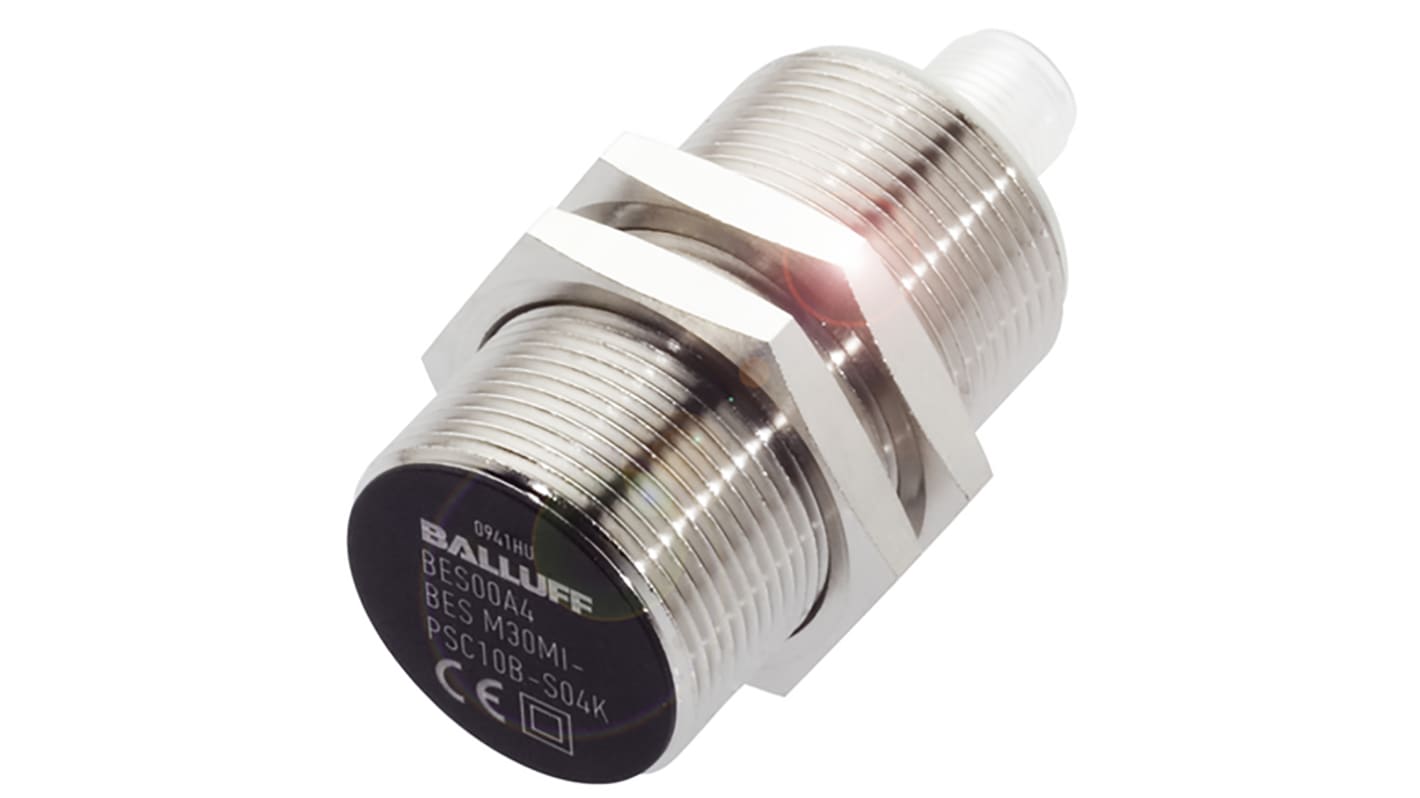 BALLUFF BES M30MI-PSC15B-S04K, sensore induttivo cilindrico PNP M30, rilevamento 15 mm, IP67, connettore M12 a 4 pin.