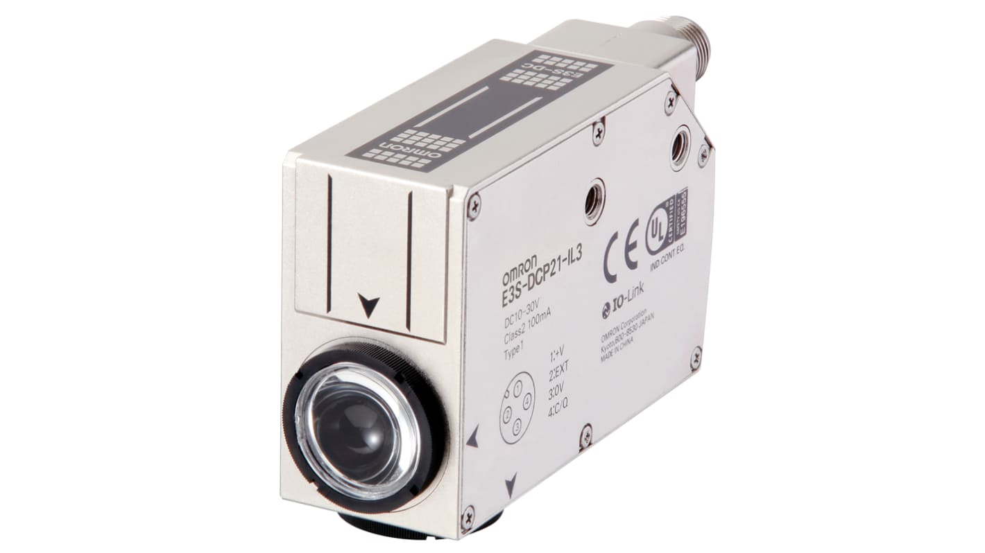 Sensore fotoelettrico rettangolare Omron E3S-DCN21, rilevamento 10 mm, uscita NPN, connettore M12 a 4 pin, grado di protezione IP67.
