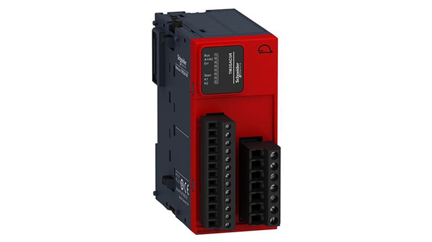 Modulo di sicurezza Schneider Electric TM3SAFL5RG per PLC TM2xx, montaggio su guida DIN, dimensioni 42,9 x 84,6 x 90 mm.