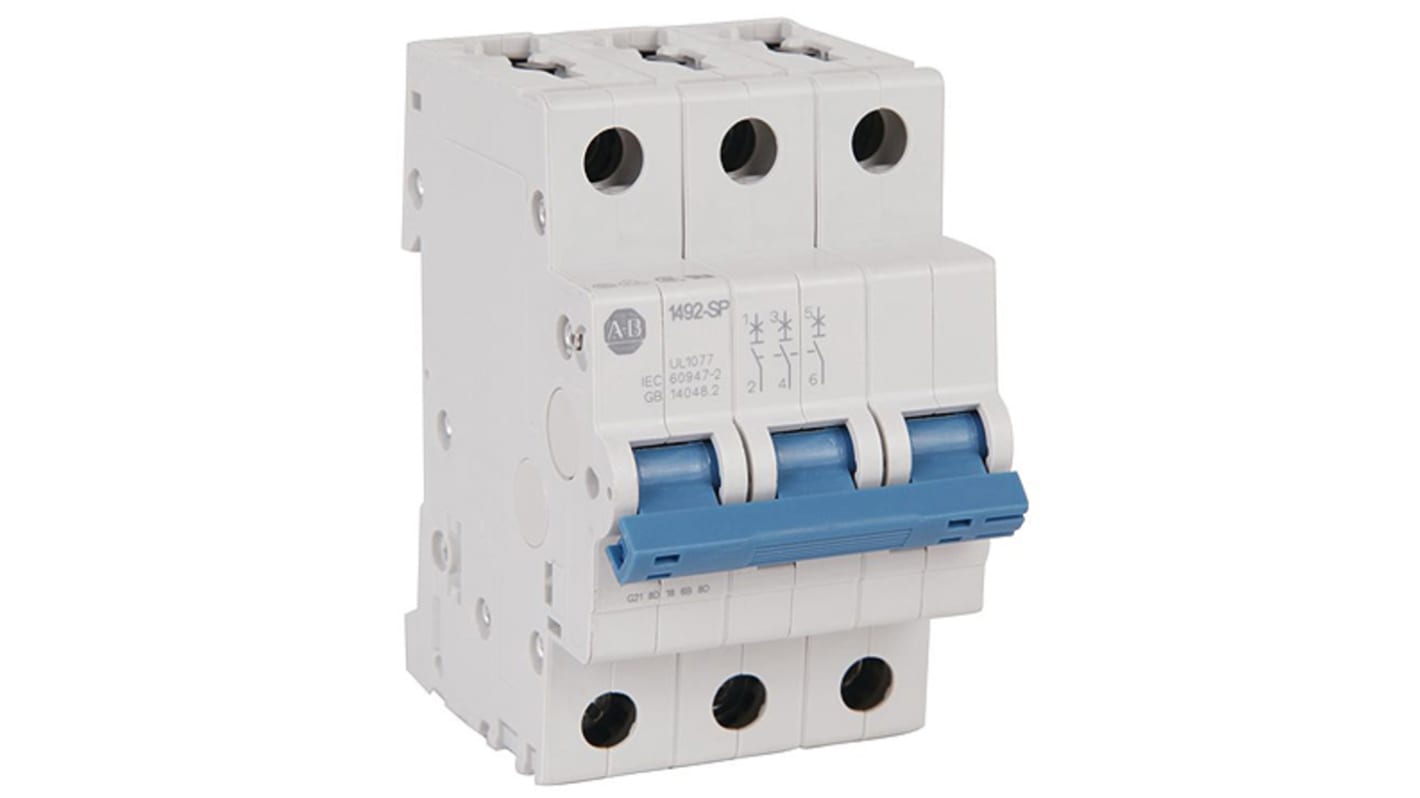 Interruttore magnetotermico Allen Bradley 1492-SPM3C010, 3 poli, 1A, montaggio su guida DIN, dimensioni 75x53x88 mm, grado di protezione IP20.