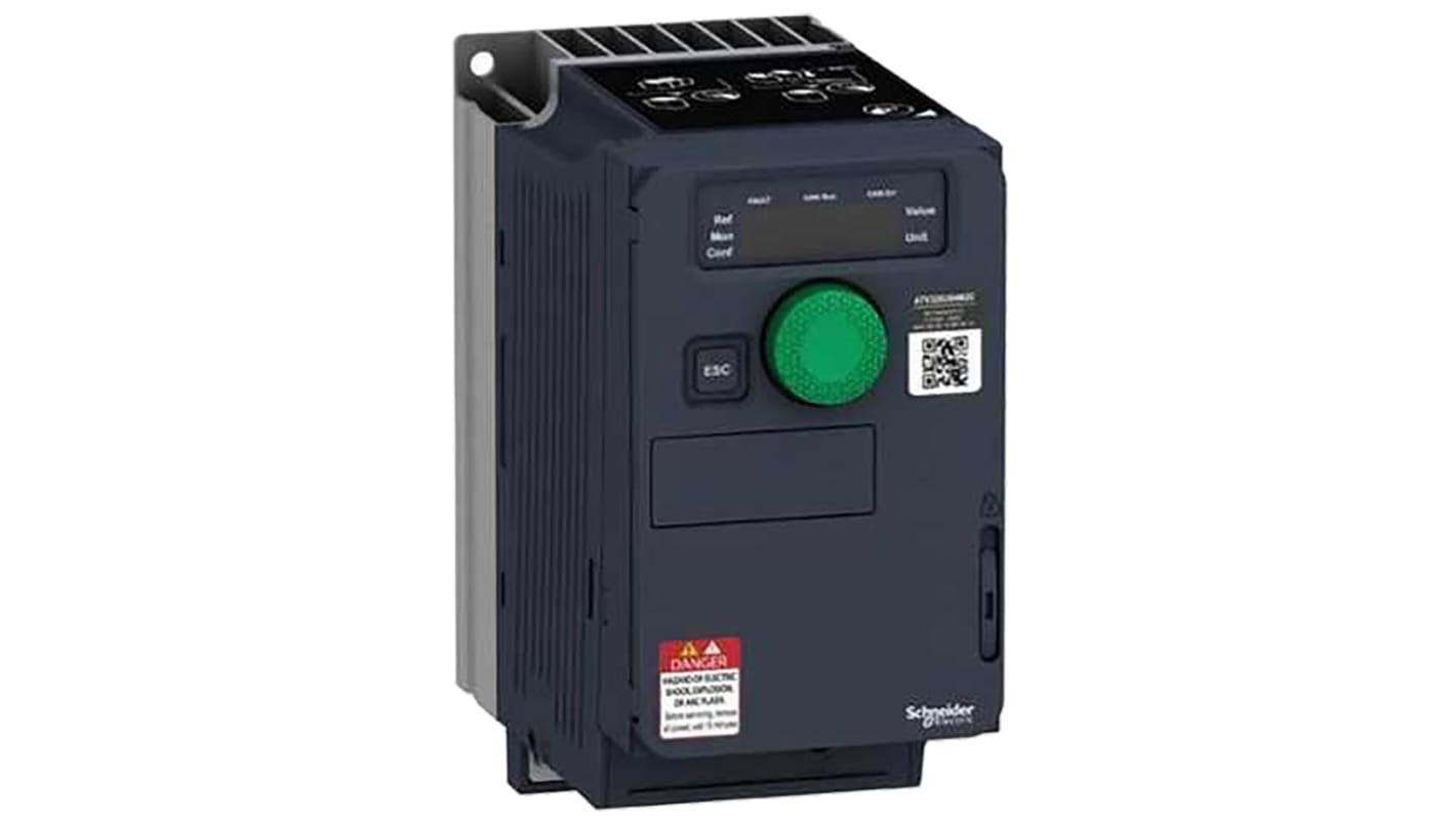 Variatore di velocità trifase Schneider Electric ATV320U04N4C, 0,37 kW, 400 V c.a., 3 fasi, 0.1-599Hz, ideale per industrie tessili e alimentari.
