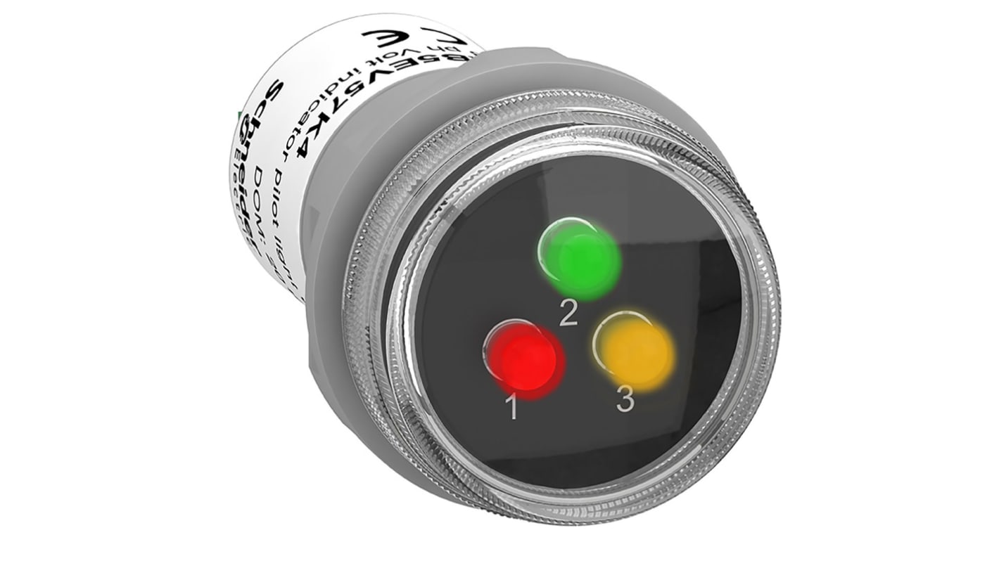 Spia LED Schneider Electric XB5EV57K4, montaggio a pannello, IP67, 400V, diametro foro 30mm, disponibile in verde, rosso e giallo.