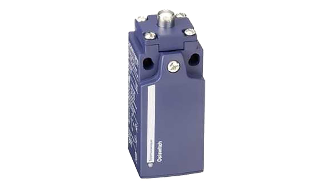 Interruttore di fine corsa Telemecanique Sensors XCKN2110P20, pistone a molla, configurazione NO/NC, IP65, dimensioni 30x30x75 mm.