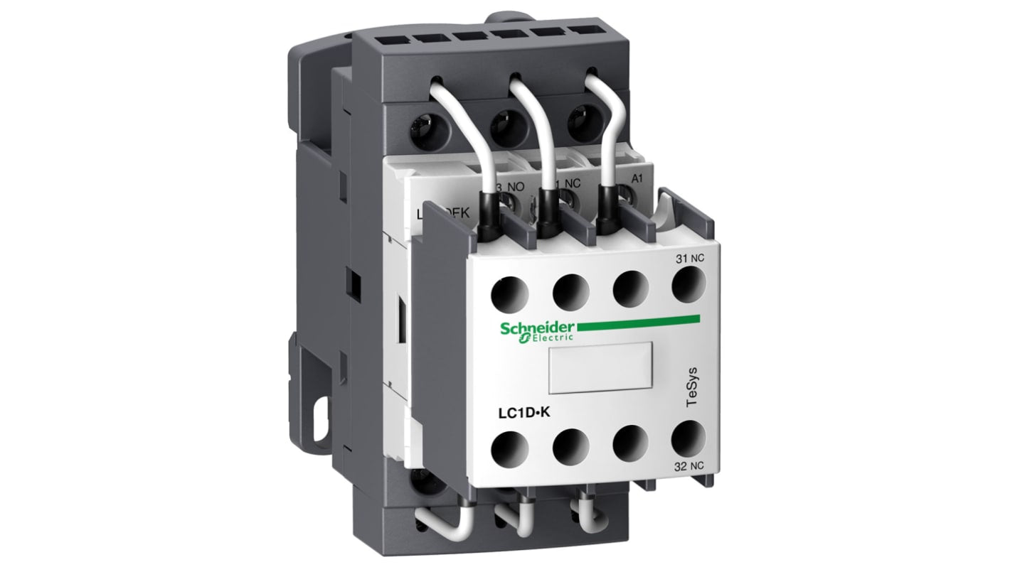 Contattore Schneider Electric LC1DFKB7 per commutazione condensatore, 3 poli, 25 A, montaggio a pannello, dimensioni 45x122x130 mm.