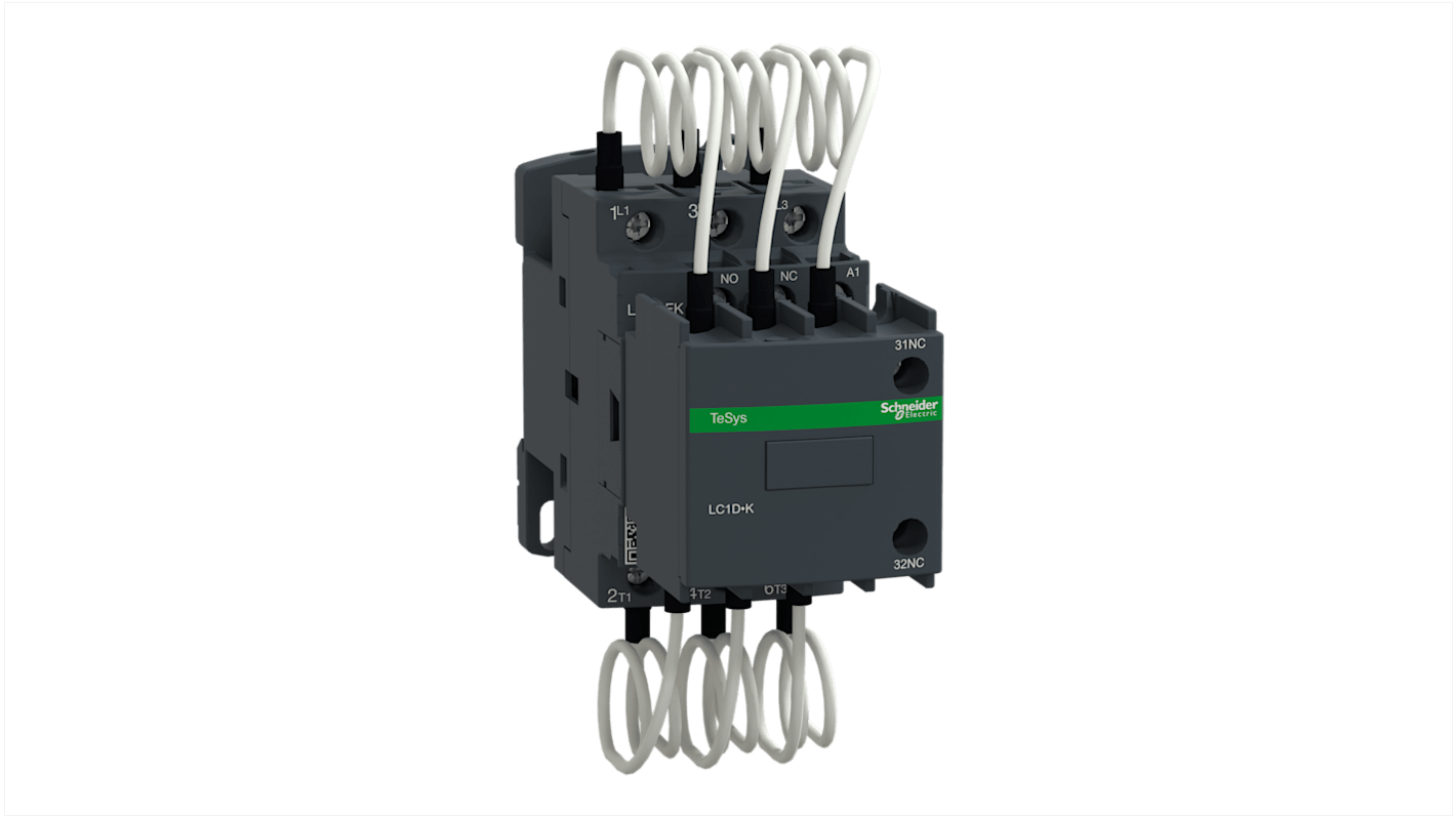Contattore Schneider Electric LC1DFKF7 per commutazione condensatore, 3 poli, 25 A, montaggio a pannello, dimensioni 45x122x130 mm.
