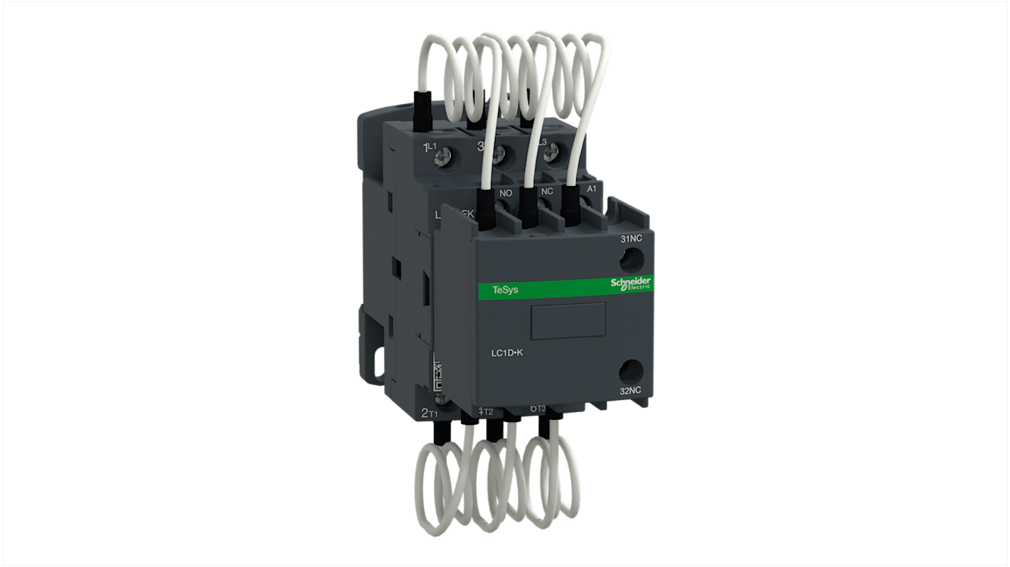 Contattore Schneider Electric LC1DFKP7 per commutazione condensatore, 3 poli, 25 A, montaggio a pannello, dimensioni 45x122x130 mm.