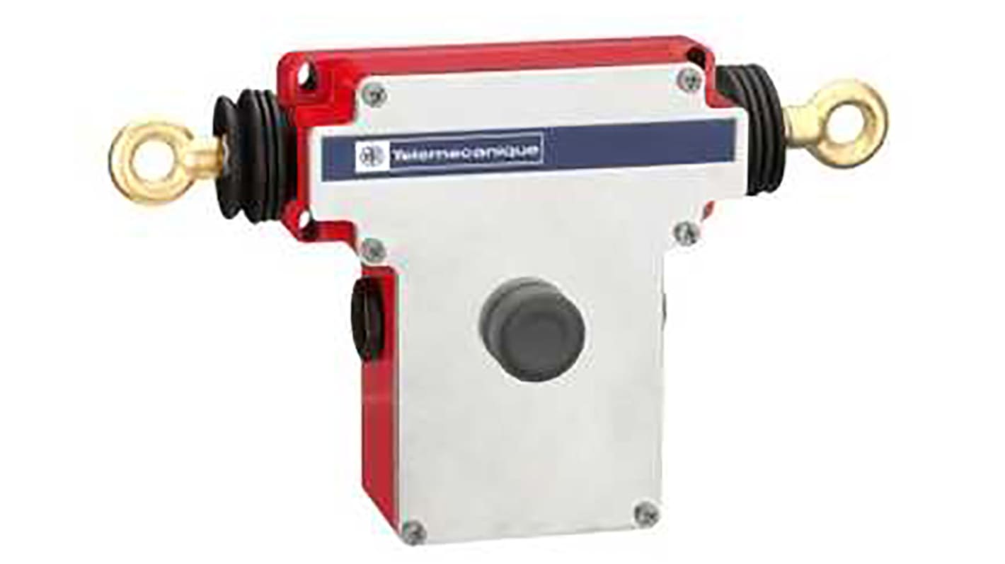 Interruttore a fune Telemecanique Sensors XY2CEDA190, configurazione 2NA e 2NC, protezione IP66, acciaio inox, dimensioni 285 x 106 x 142 mm.