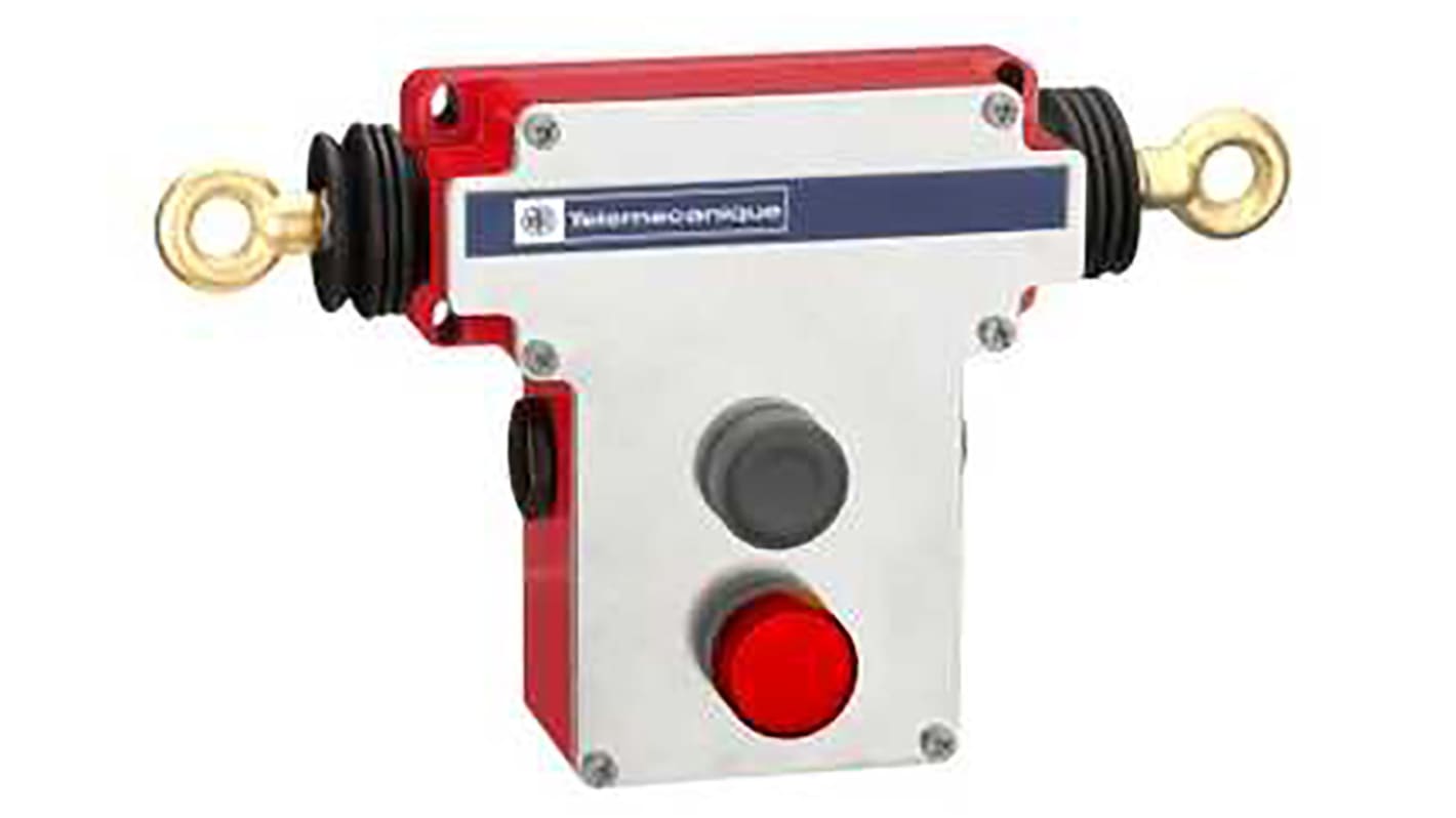 Interruttore a fune Telemecanique Sensors XY2CE, configurazione 2NA/2NC, protezione IP66, acciaio inox, dimensioni 285 x 106 x 142 mm.