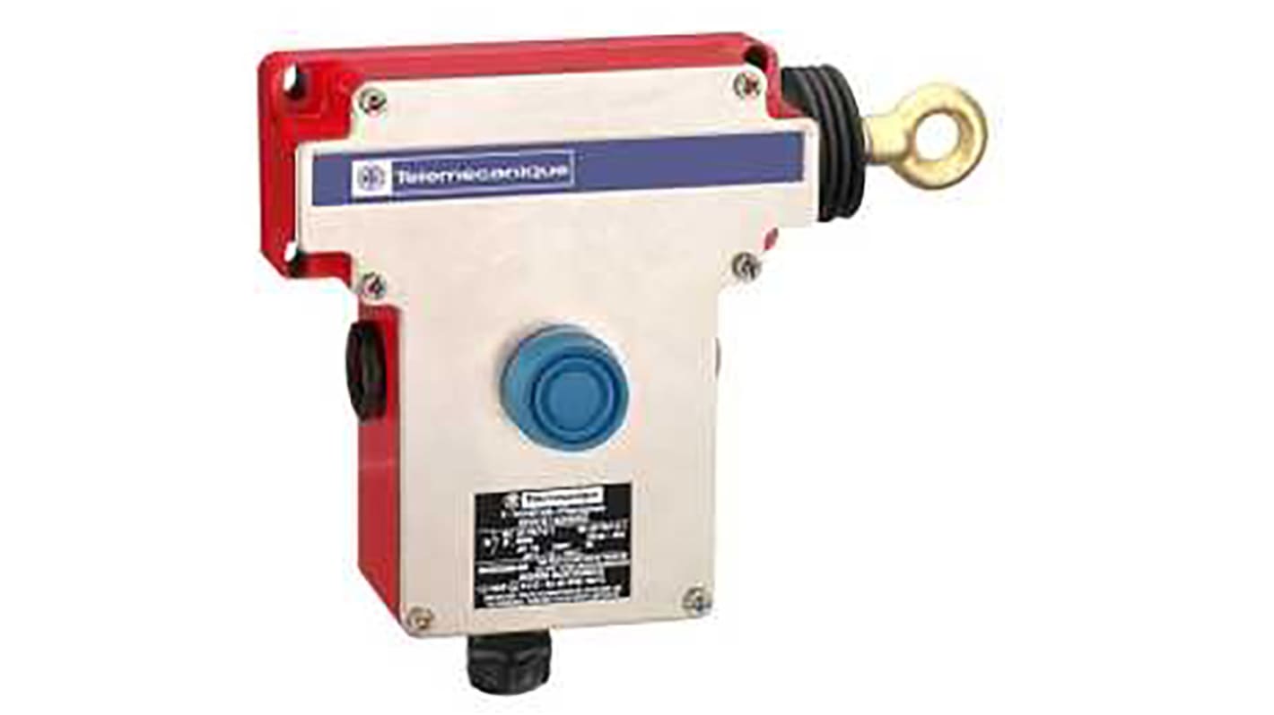 Interruttore a fune Telemecanique Sensors XY2CE, cavo 70m, 2NC, IP66, acciaio inox, per arresto di emergenza, dimensioni 229x105x142mm.