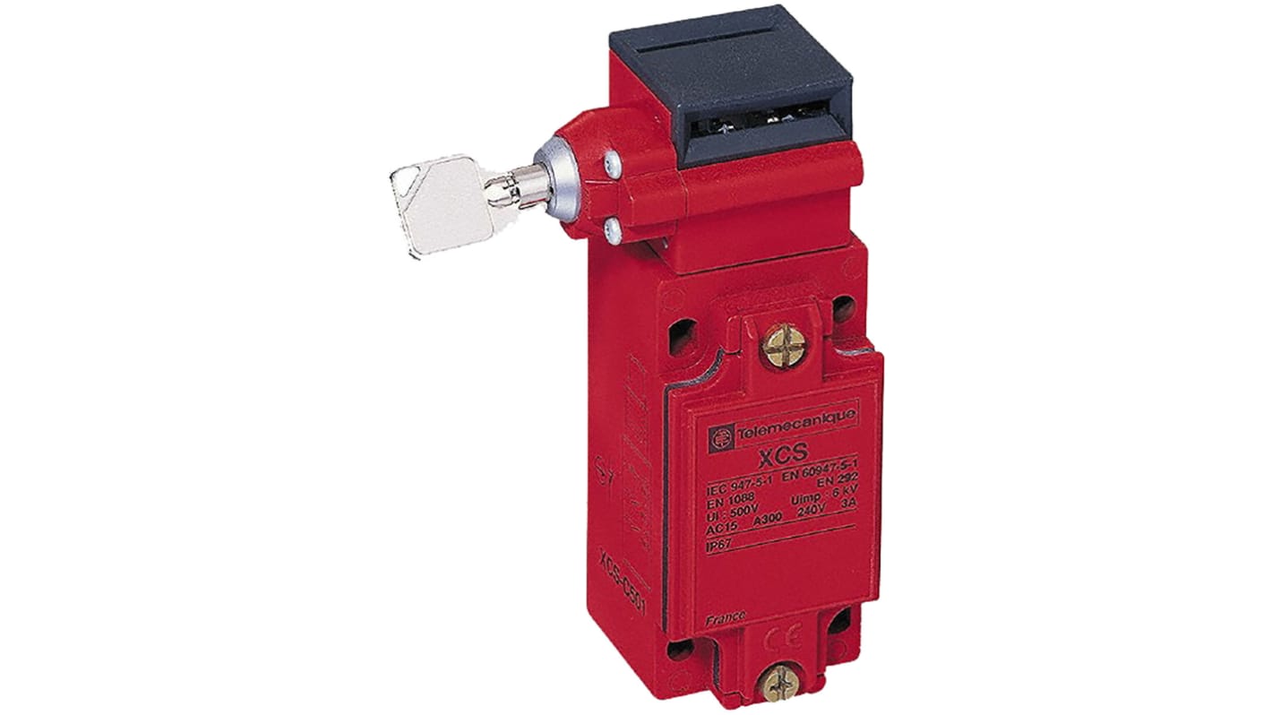 Interruttore di sicurezza Telemecanique Sensors XCSC513, IP67, 2NA/1NC, attivazione a linguetta, dimensioni 52mm x 44mm x 114mm.