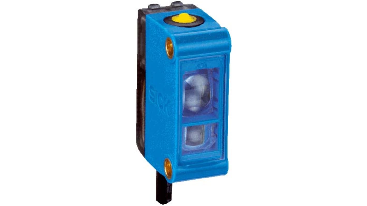 Sensore di luminescenza Sick LUTM-UP817A2P, rilevamento 12,5 mm, LED UV, uscita PNP, montaggio flangia, IP67.