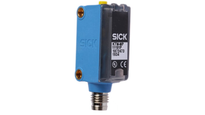 Sensore di contrasto Sick KTM-MP11181P, LED bianco, rilevamento 12,5 mm, uscita PNP, IP67, montaggio su flangia.