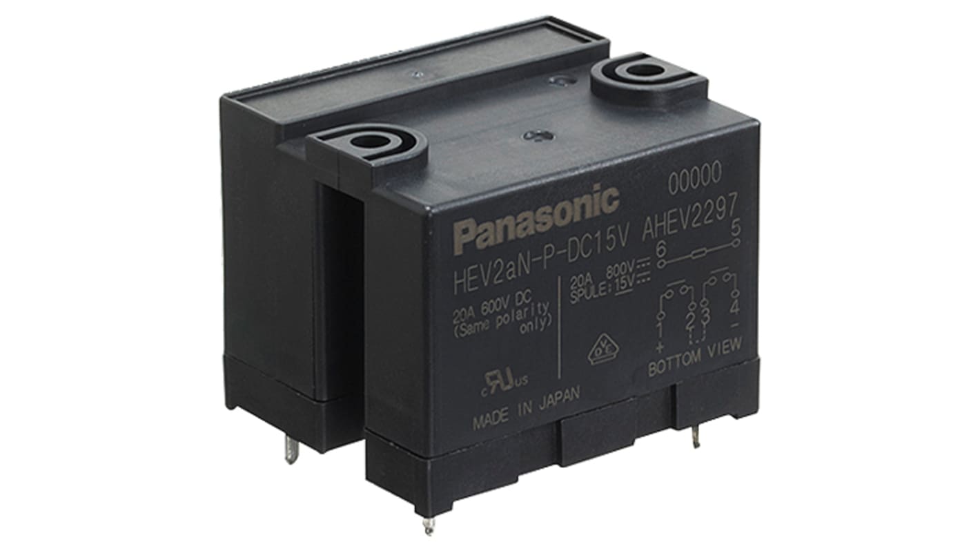 Relè di potenza DPST Panasonic HEV2aNP24v, montaggio su PCB, 24V cc, 20A, dimensioni 50x41x39.4mm, per applicazioni industriali.
