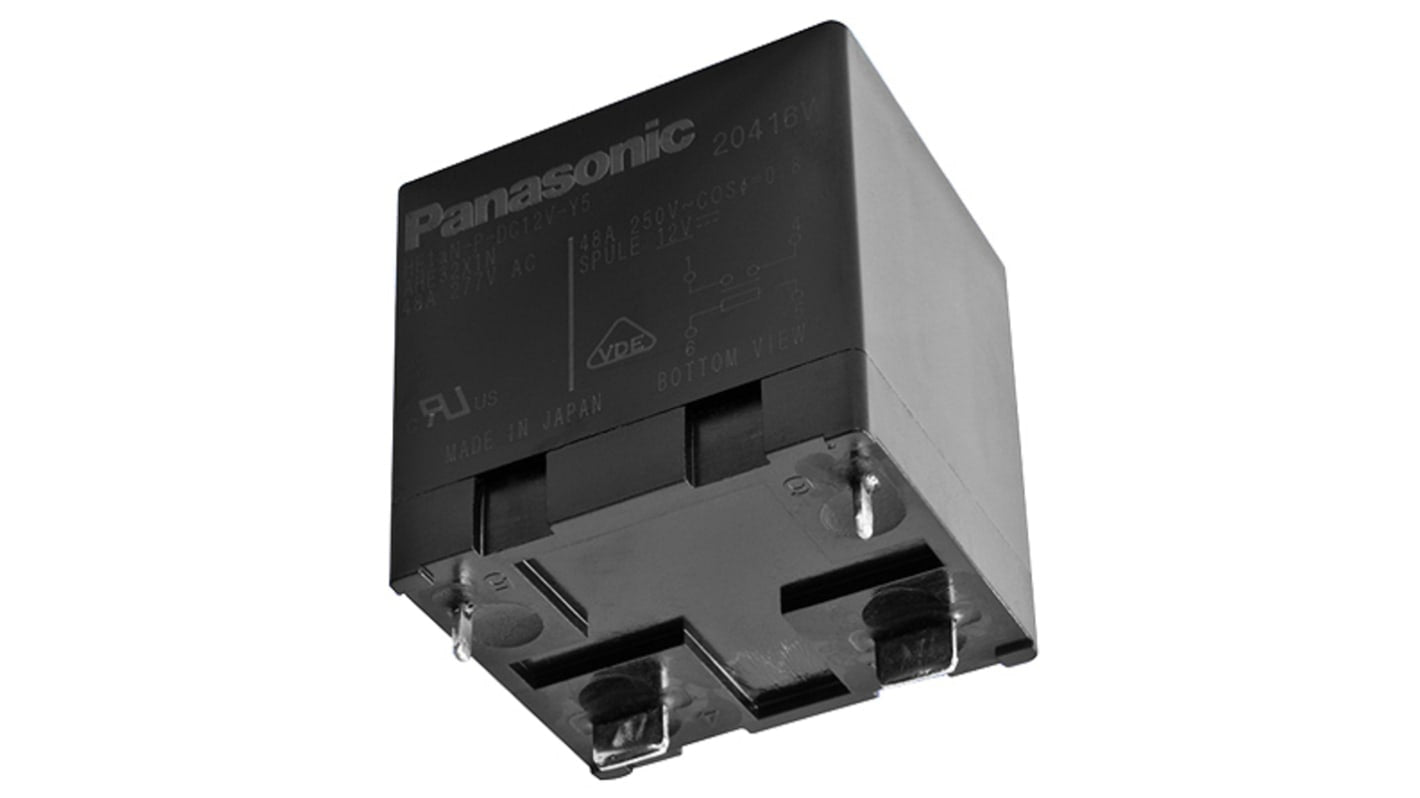 Relè di potenza Panasonic HE1aN-W-12V-Y6 SPST per montaggio su circuito stampato, 12V cc, 90A, dimensioni 38x38.8x33 mm.