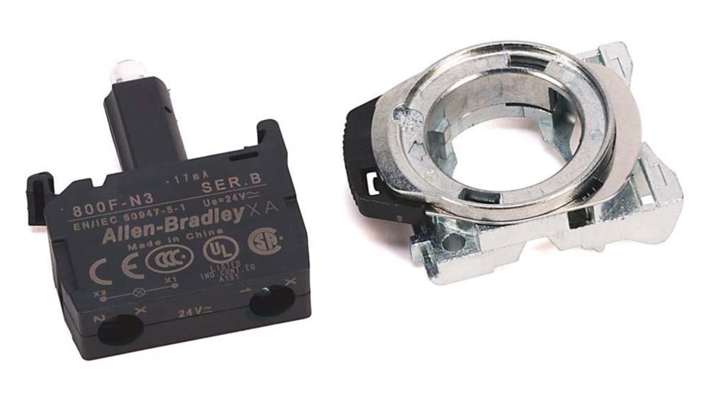 Allen Bradley 800F-MN3G, blocco contatti luminoso LED verde, 24V, IP66, supporto in termoplastico, chiusura in lega di zinco.