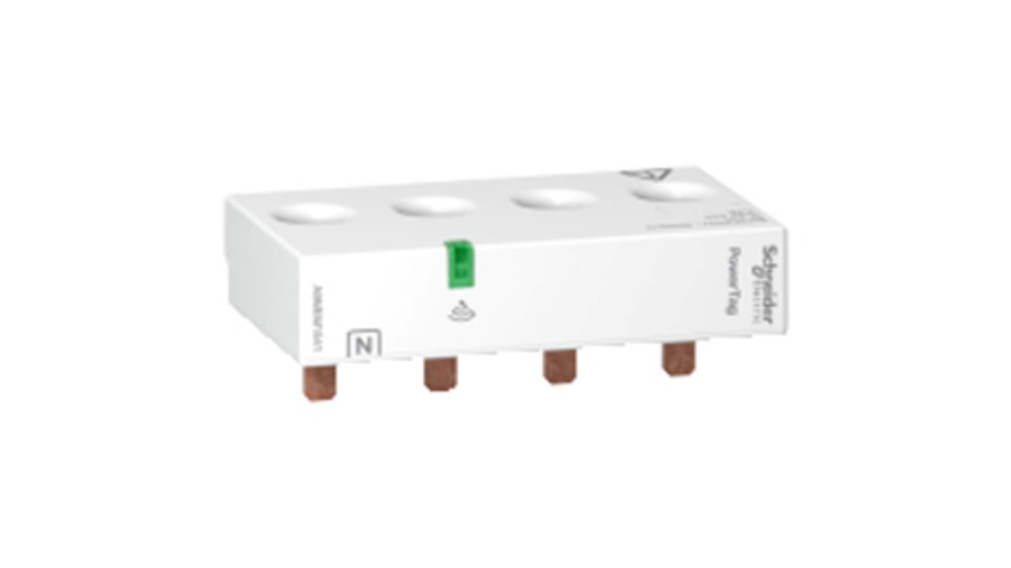 Sensore di energia wireless Schneider Electric Acti 9, corrente 63A, montaggio a innesto, dimensioni 72mm x 42.6mm x 16.5mm.
