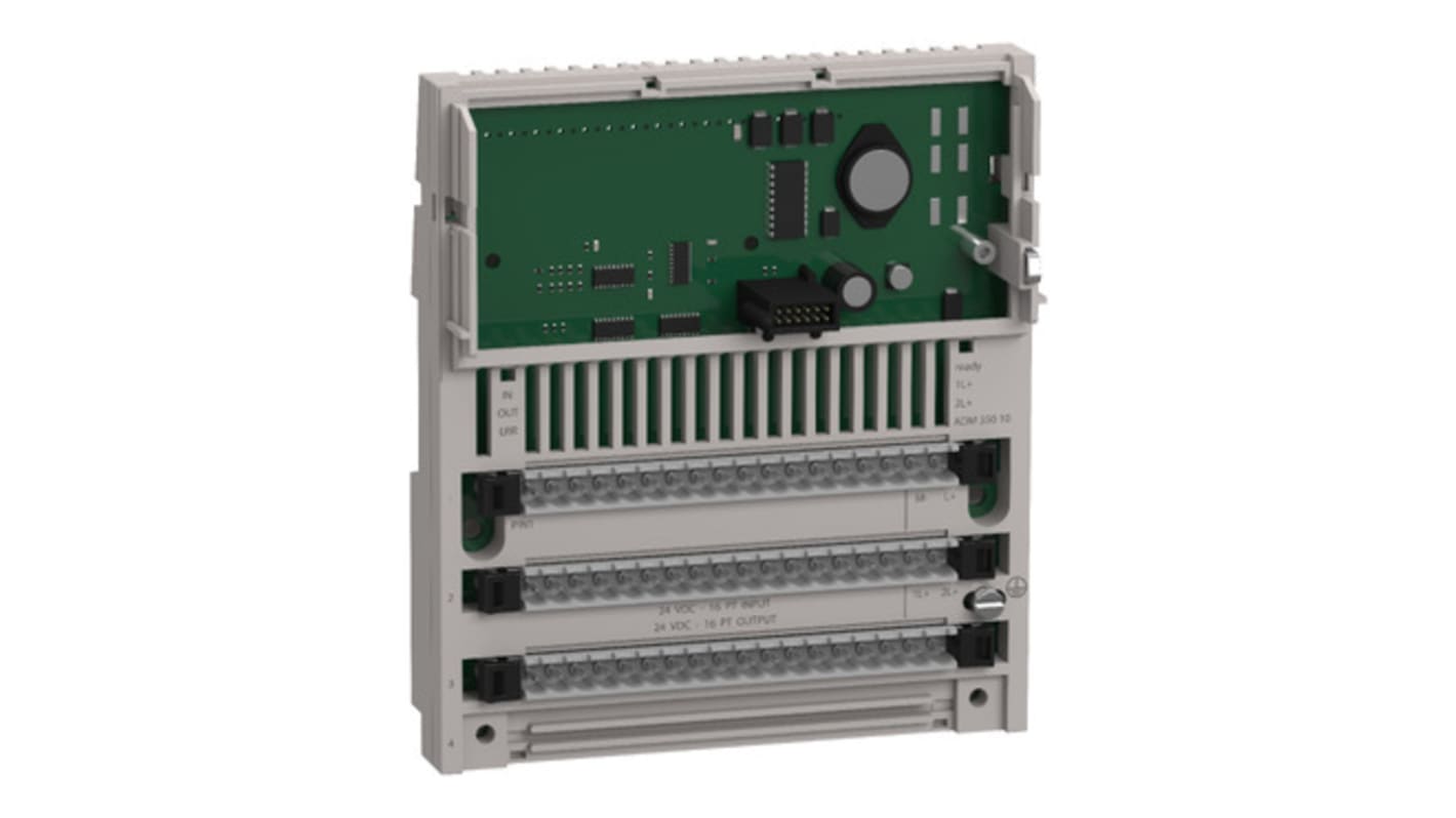 Modulo I/O discreto Schneider Electric 170ADM35010, 16 ingressi/uscite, alimentazione 24 V c.c., montaggio su guida DIN, dimensioni 141,5 x 125 x 60 mm.