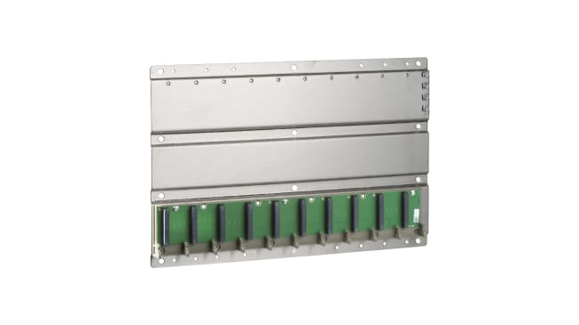 Backplane Schneider Electric 140XBP01000 per guida DIN, 428 x 290 mm, dieci slot I/O, montaggio a rack, per Modicon Quantum.