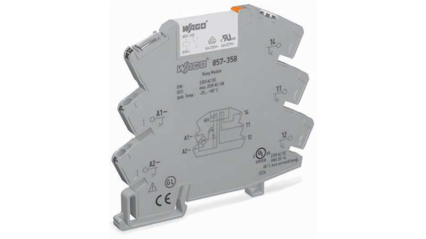 Relè d'interfaccia Wago 857354, bobina 24V, montaggio su guida DIN, dimensioni 6x81x94 mm, corrente massima 6 A.