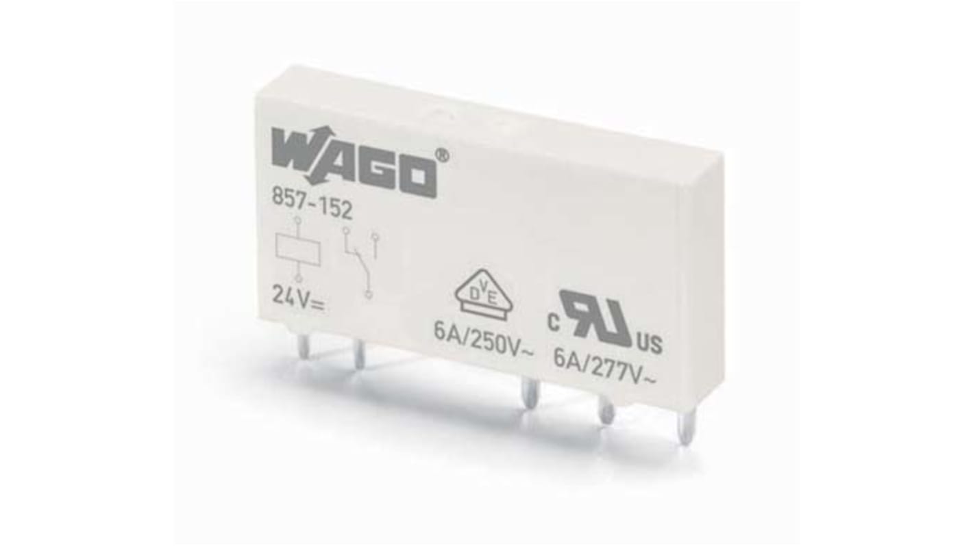 Relè di potenza Wago 857152, 24V cc, 1CO, montaggio su guida DIN, dimensioni 28 x 15 x 5mm, corrente 6A, IP20.