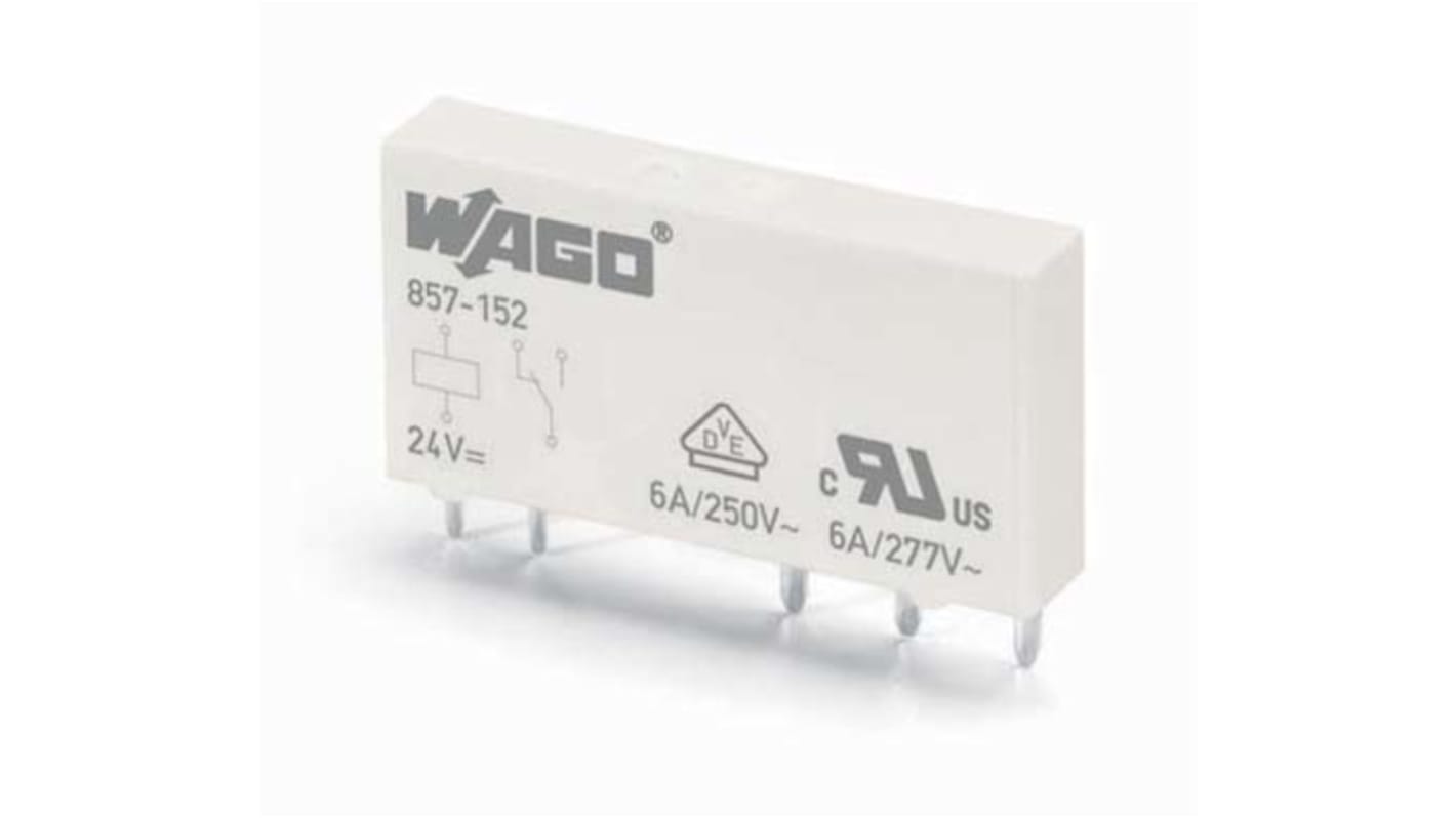 Relè di potenza Wago 857-155, montaggio su guida DIN, 6 A, 250 V CA, dimensioni 6x15x28 mm, temperatura -40/+85 °C.