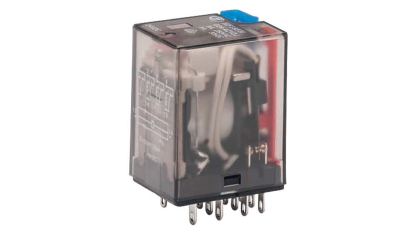 Wago 858-150, relè di potenza 4PDT per guida DIN, tensione bobina 24V cc, dimensioni 21.5mm x 28mm x 35mm.