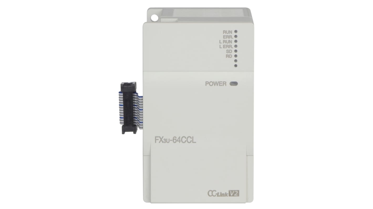 Modulo di comunicazione Mitsubishi Electric FX3U-64CCL per PLC serie FX3U, montaggio su guida DIN, dimensioni 55 x 90 x 87 mm.