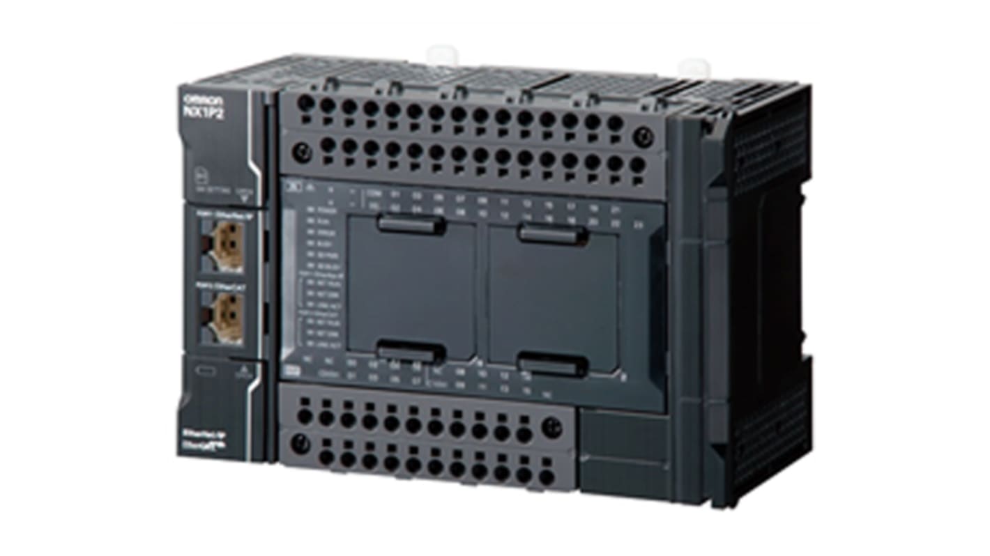 Omron NX1P21040DT1, CPU PLC con 24 ingressi, 16 uscite PNP, montaggio su guida DIN, dimensioni 150 x 71 x 100 mm.