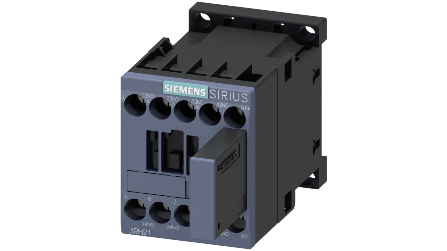 Contattore Siemens 3RH2140-1WB40, 4NO, 10 A, montaggio su guida DIN, dimensioni 104.5 x 45 x 57.5 mm, temperatura -25°C/+60°C.