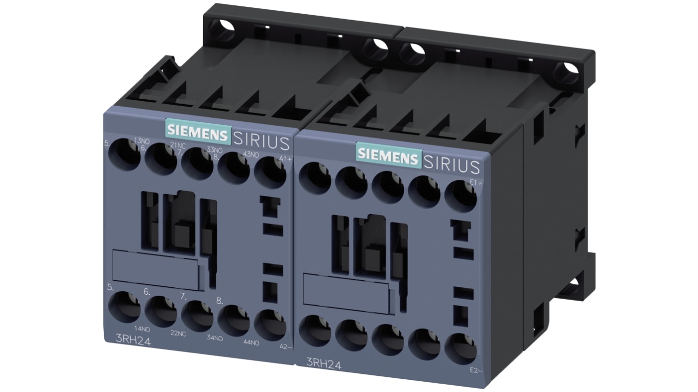 Contattore Siemens 3RH2431-1BM40, 3NO + 1NC, 10 A, montaggio su guida DIN, dimensioni 90 x 73 x 57.5 mm.