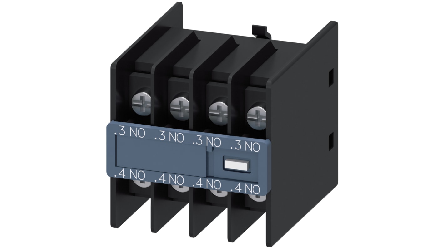 Blocco interruttore ausiliario Siemens 3RH2911-4FA40, 4 contatti NO, montaggio a innesto, corrente 6 A, tensione 600 V cc.