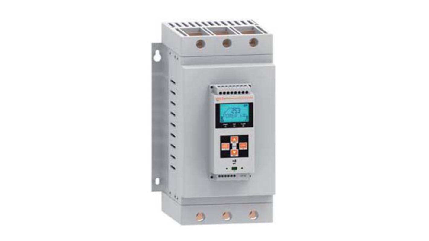 Avviatore soft-start Lovato ADXL0135600 per motori trifase, 75 kW, 135 A, montaggio su guida DIN, con display LCD e tecnologia NFC.