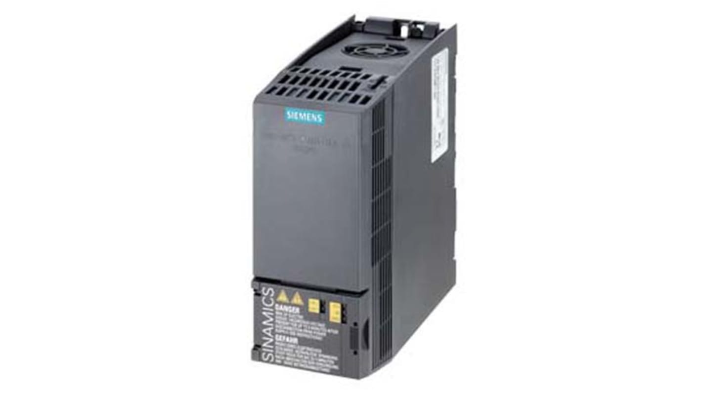 Inverter Siemens 6SL3210-1KE14-3AP2, 1,1 kW, 3 fasi, controllo vettoriale, dimensioni 155x173x73 mm, grado di protezione IP20.