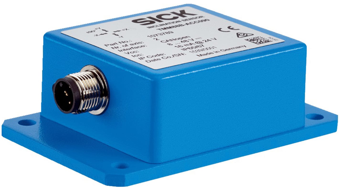 Sensore di inclinazione Sick TMM88B-AKC090 in alluminio, misurazione ±90 gradi, precisione 0,02 gradi, dimensioni 90 x 58 x 30 mm.