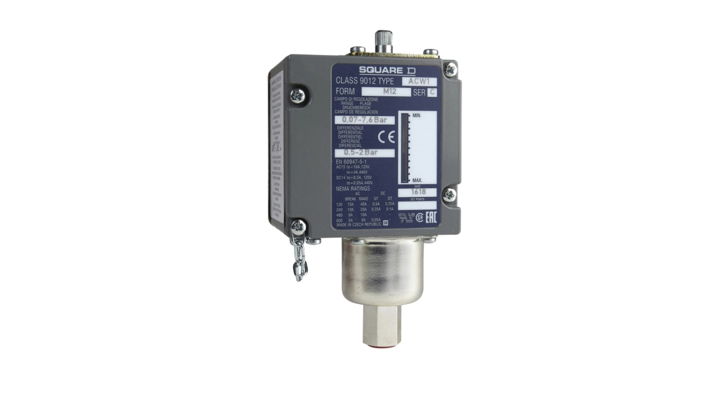 Sensore di pressione Telemecanique ACW1M129012, attuatore a soffietto, IP65, montaggio su cavo, max 7.6 bar, -56/+85 °C.