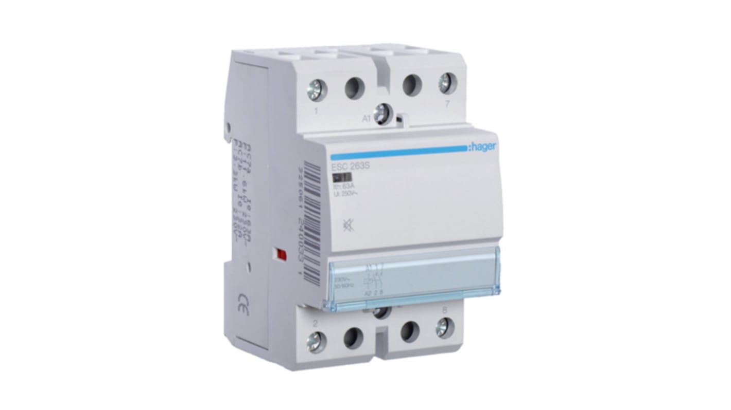 Contattore Hager ESC263S, 2 poli, 2 NO, 63 A, montaggio su guida DIN, bobina 230 V ca., design modulare.