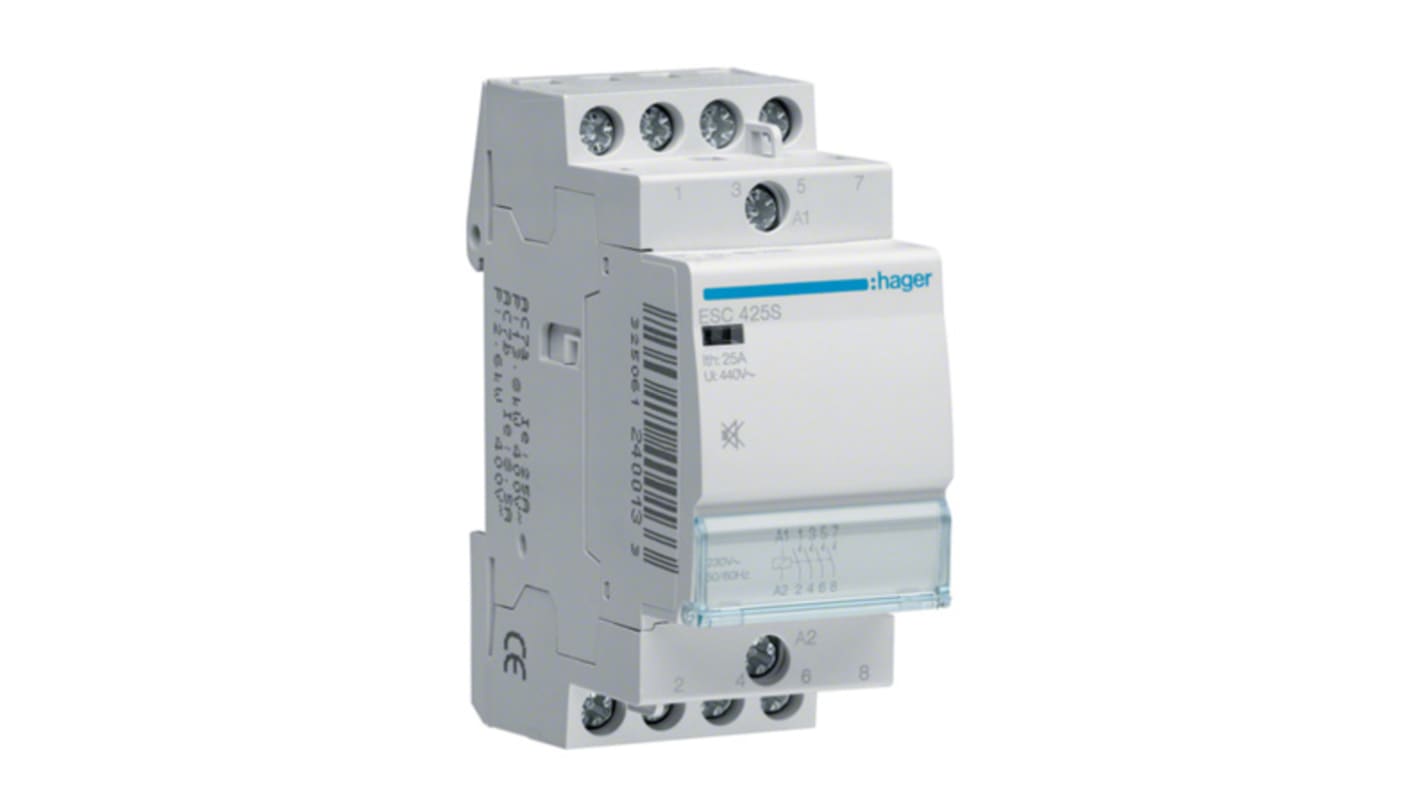 Contattore Hager ESC425S, 4 poli, corrente 25 A, montaggio su guida DIN, tensione bobina 230 V.