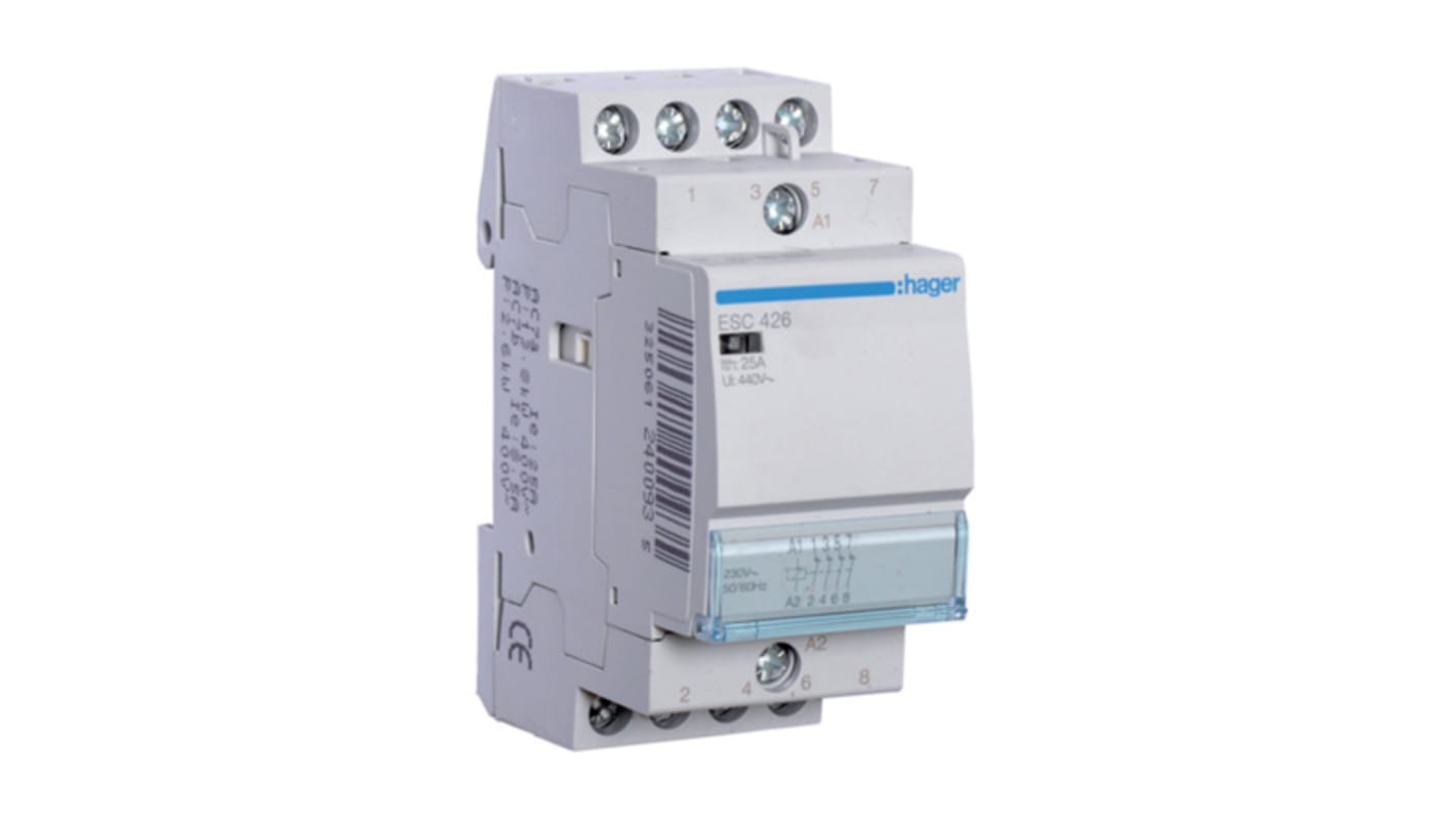 Contattore Hager ESC426, 4 poli, 25 A, montaggio su guida DIN, tensione nominale 400 V c.a., design modulare.
