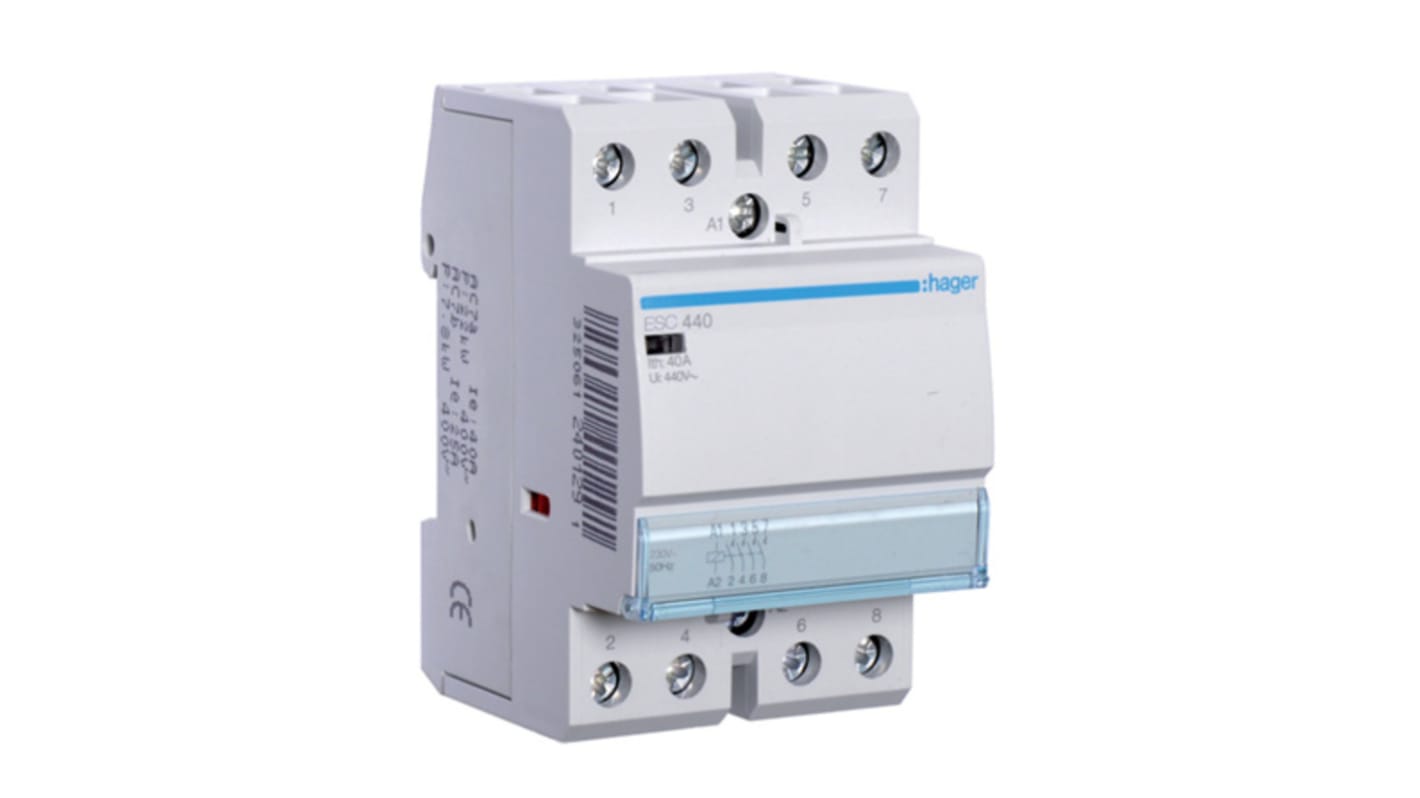 Contattore Hager ESC440, 4 poli 4NO, 40 A, montaggio su guida DIN, bobina 230 V, conforme a RoHS.