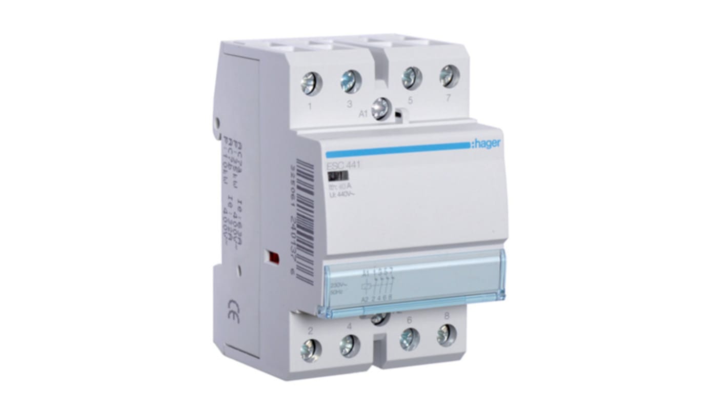 Contattore Hager ESC441, 4 poli, 40 A, bobina 230 V, montaggio su guida DIN, design modulare, conforme RoHS.