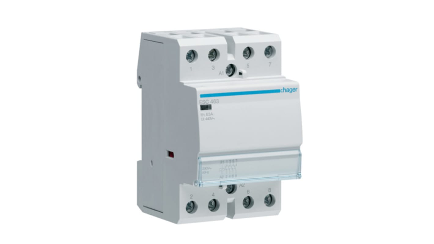 Contattore Hager ESC463, 4 poli 4NO, 63 A, montaggio su guida DIN, bobina 230 V, design modulare per uso residenziale.