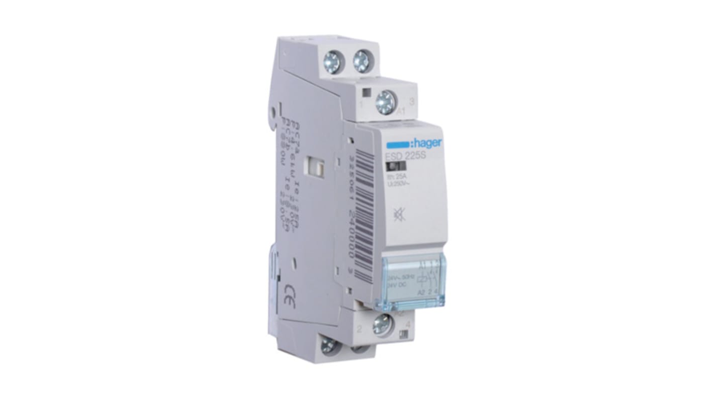 Contattore Hager ESD225S, serie ESC, 2 poli, 25 A, 24 V c.a., montaggio su guida DIN, silenzioso, conforme RoHS.
