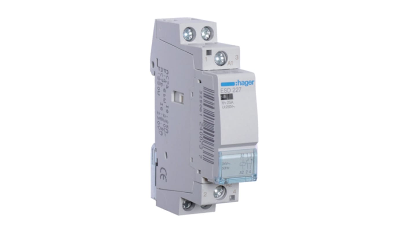 Contattore Hager ESD227, serie ESC, 2 poli, 1 NO + 1 NC, montaggio su guida DIN, corrente 25 A, tensione 230 V ca.